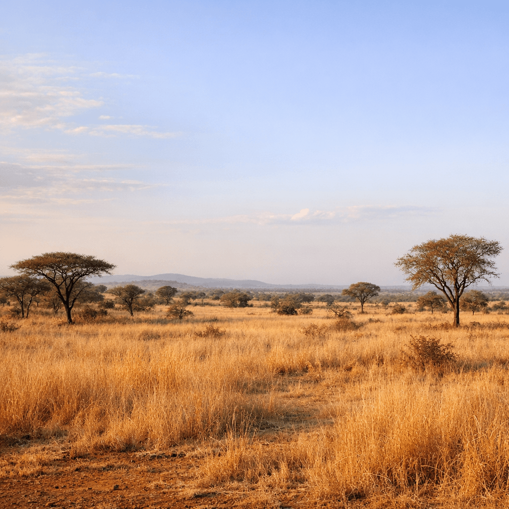 Northern Ghana savanna landscape – wide grassland and scattered trees, typical safari terrain
