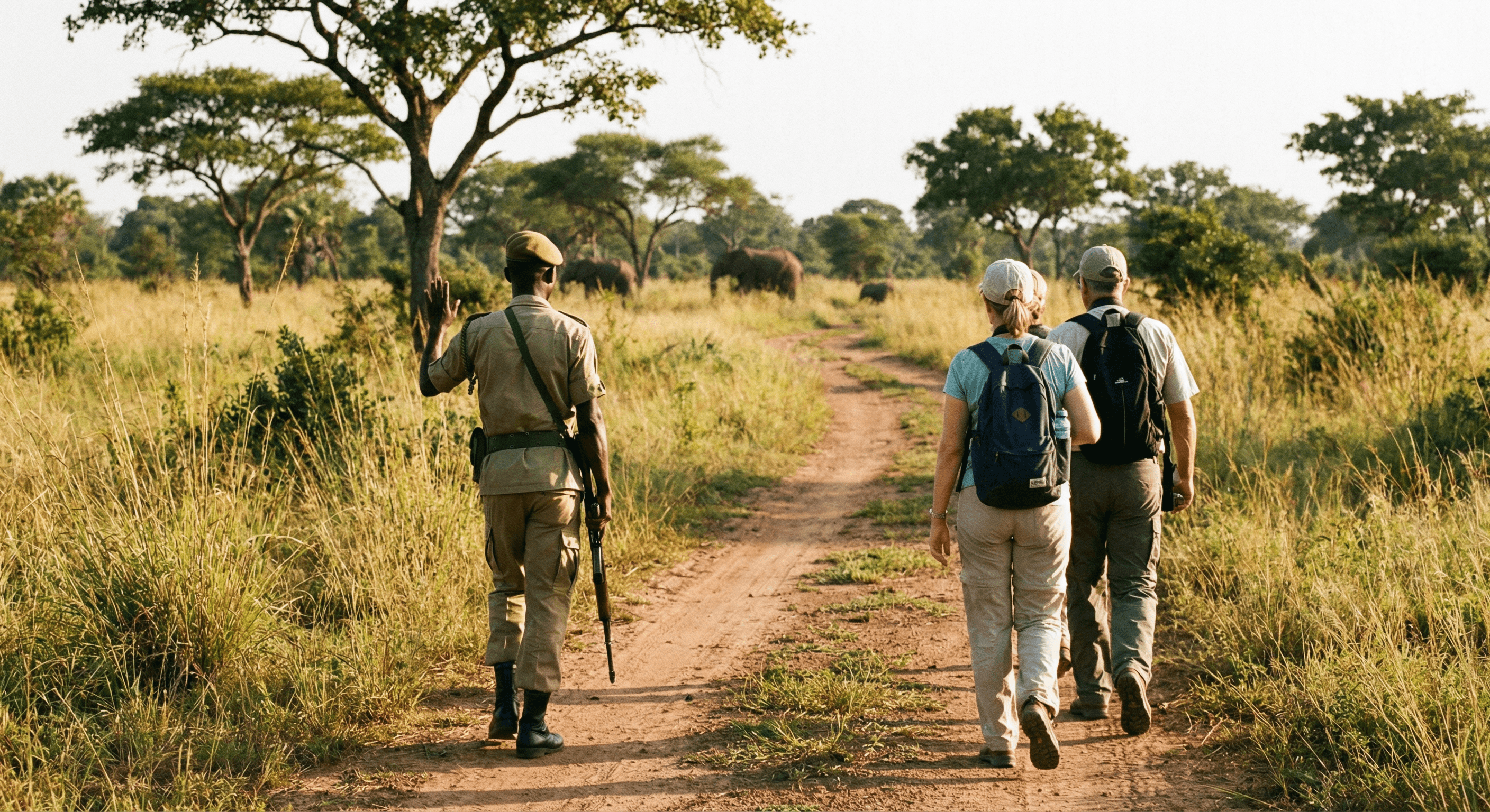 Ranger-guided walking safari in Ghana – visitors following park ranger in savanna